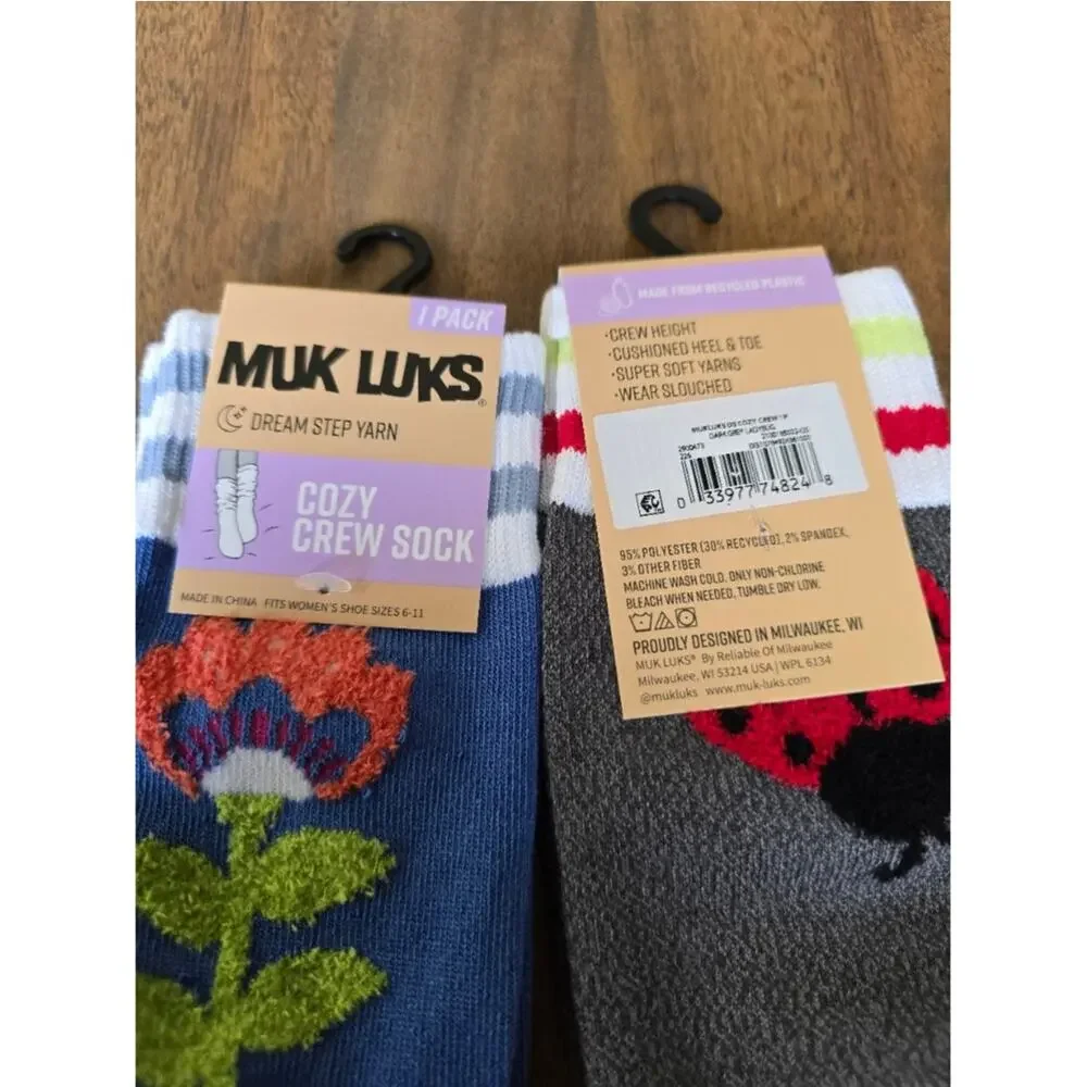 MUK LUKS Women's Dream Step Cozy Crew Sock, 1-Pack Lot of 2 Lady bug / Flower